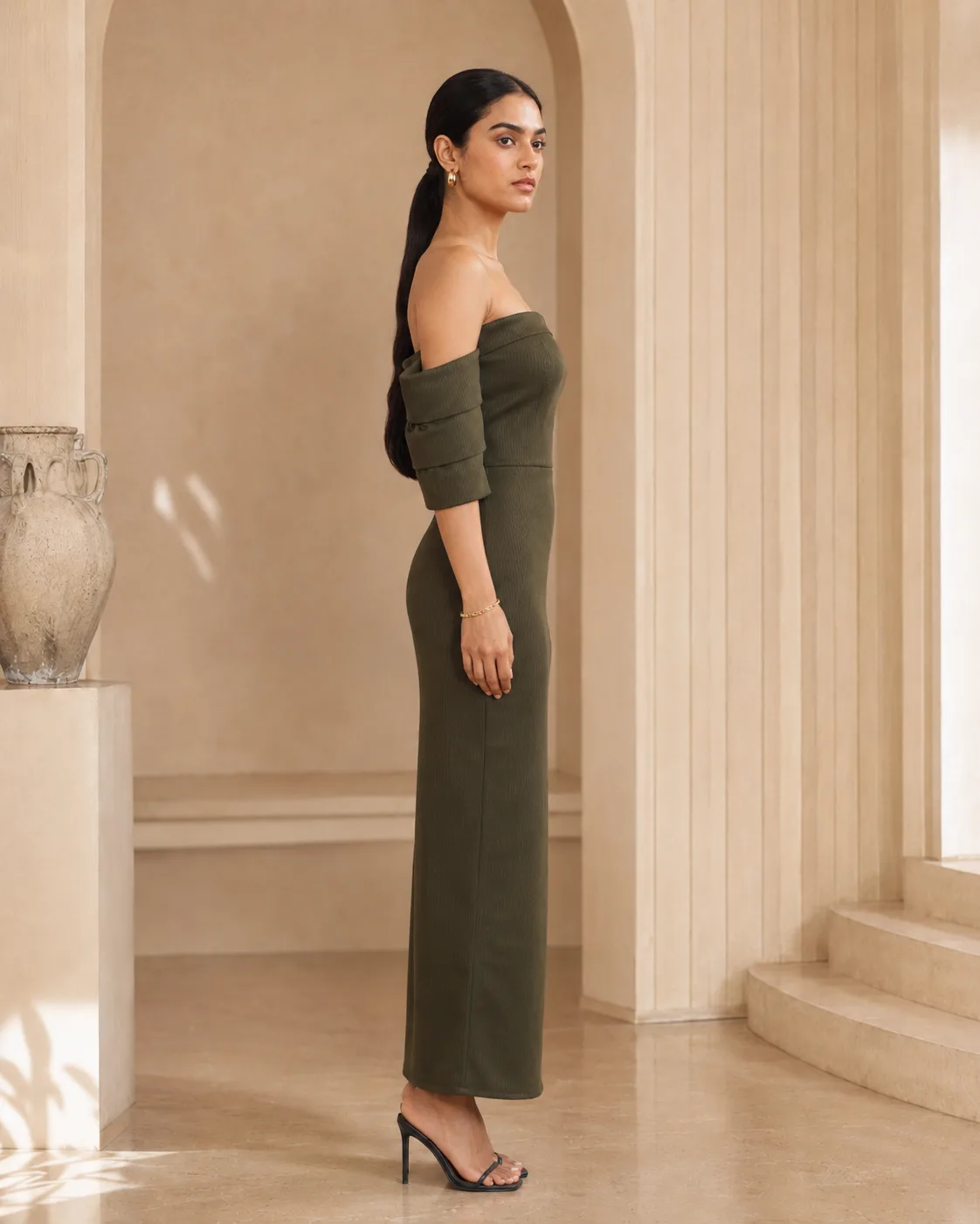 Linear Olive Sculpted Off-Shoulder Corset Maxi Dress — view 6