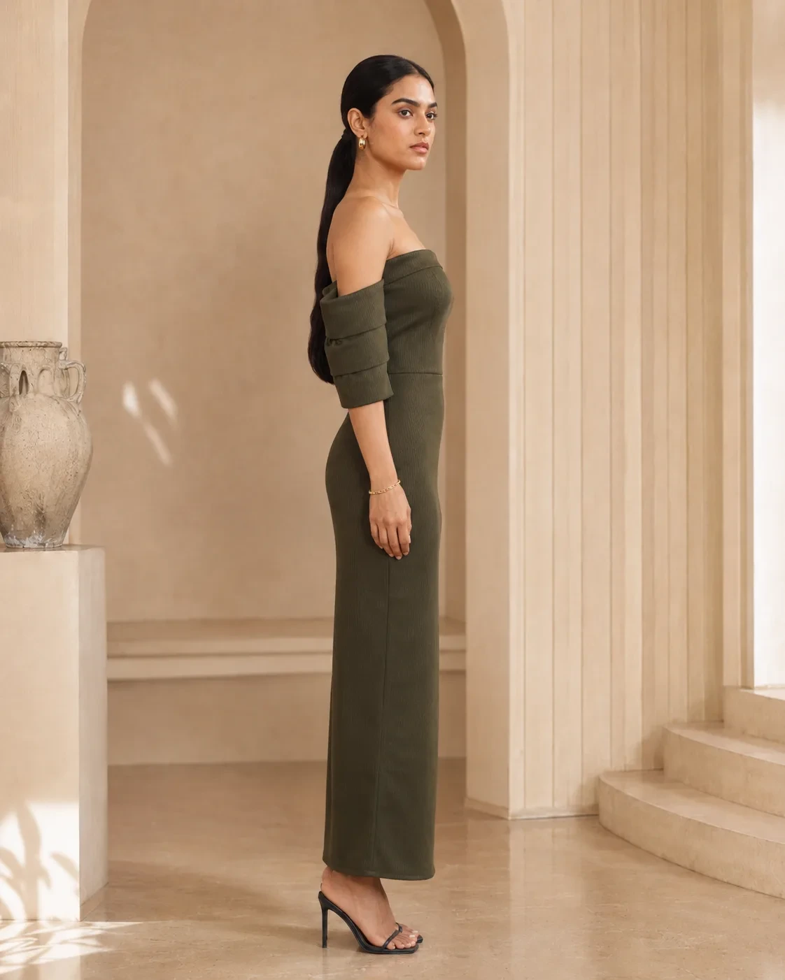 Linear Olive Sculpted Off-Shoulder Corset Maxi Dress — view 6