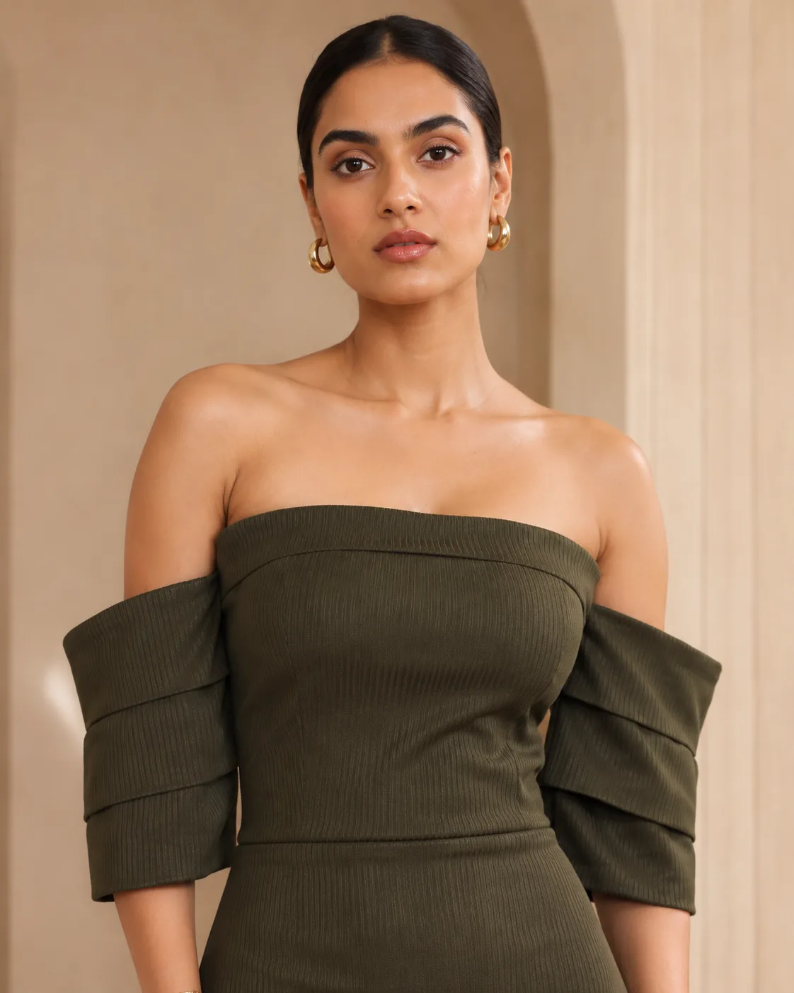 Linear Olive Sculpted Off-Shoulder Corset Maxi Dress — view 3