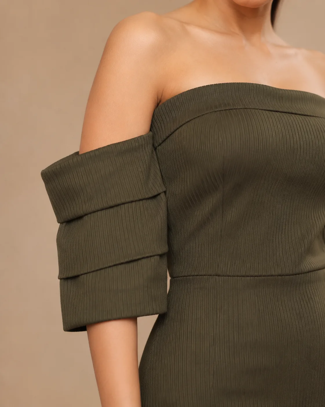 Linear Olive Sculpted Off-Shoulder Corset Maxi Dress — view 4