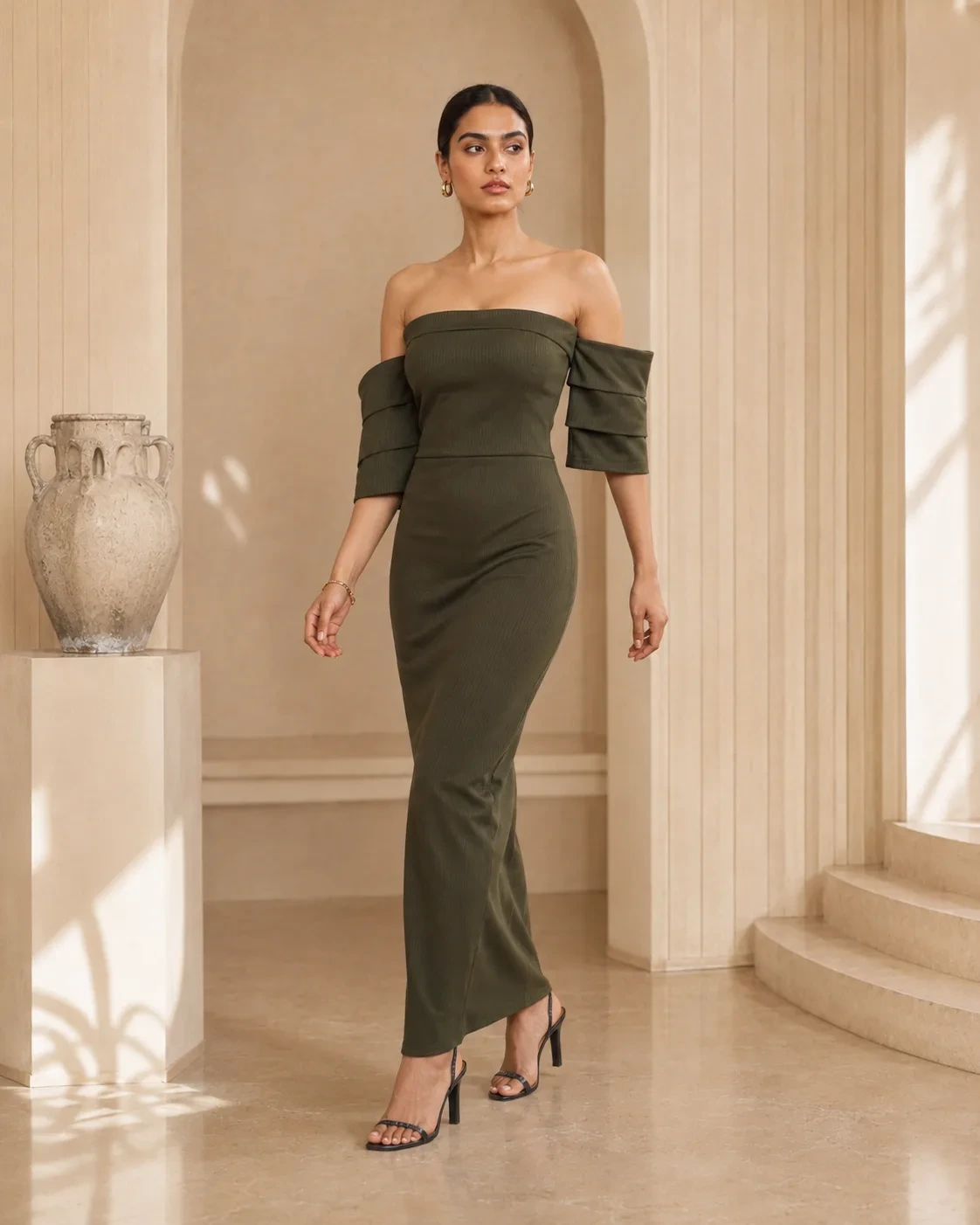 Linear Olive Sculpted Off-Shoulder Corset Maxi Dress — view 2