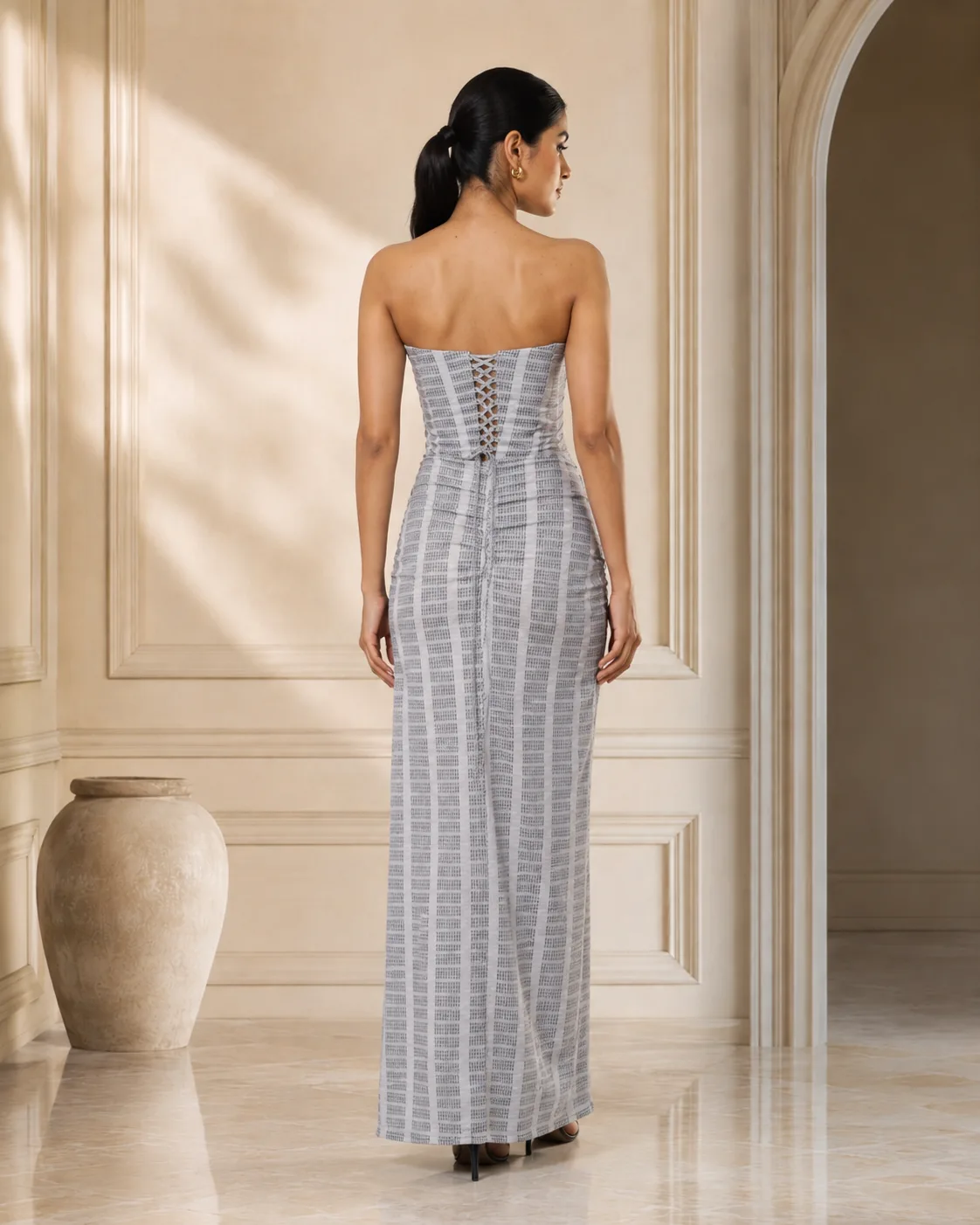 Carved Carbon Sculpted Strapless Jacquard Gown — view 7