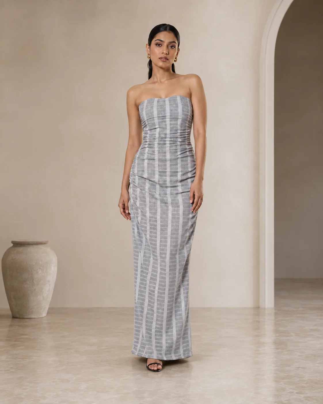 Carved Carbon Sculpted Strapless Jacquard Gown