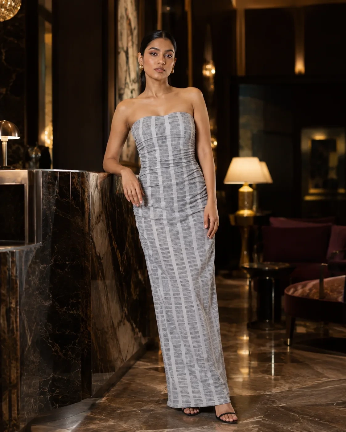 Carved Carbon Sculpted Strapless Jacquard Gown — view 2