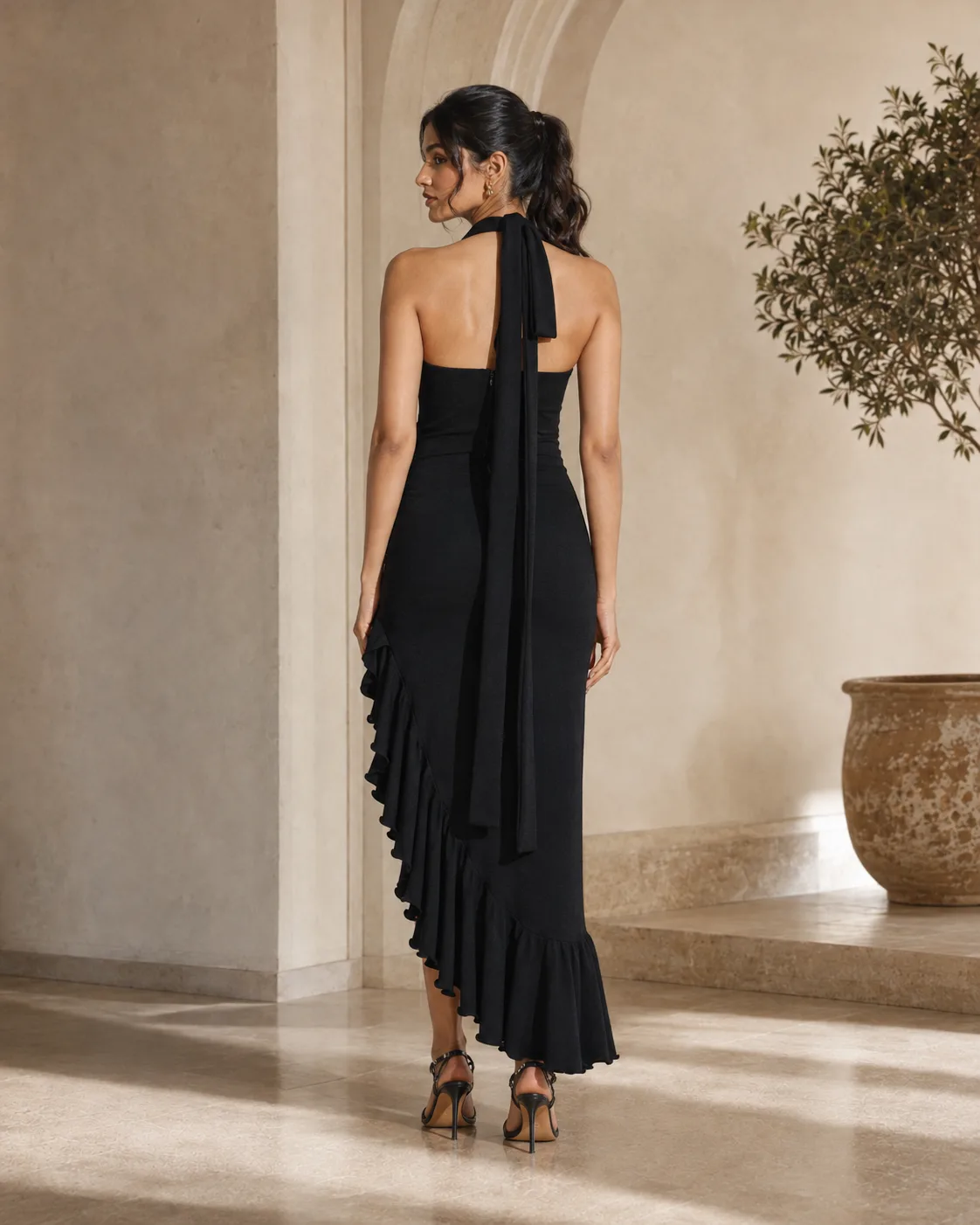 Cascade Sculpted Halter Ruffle Dress — view 5