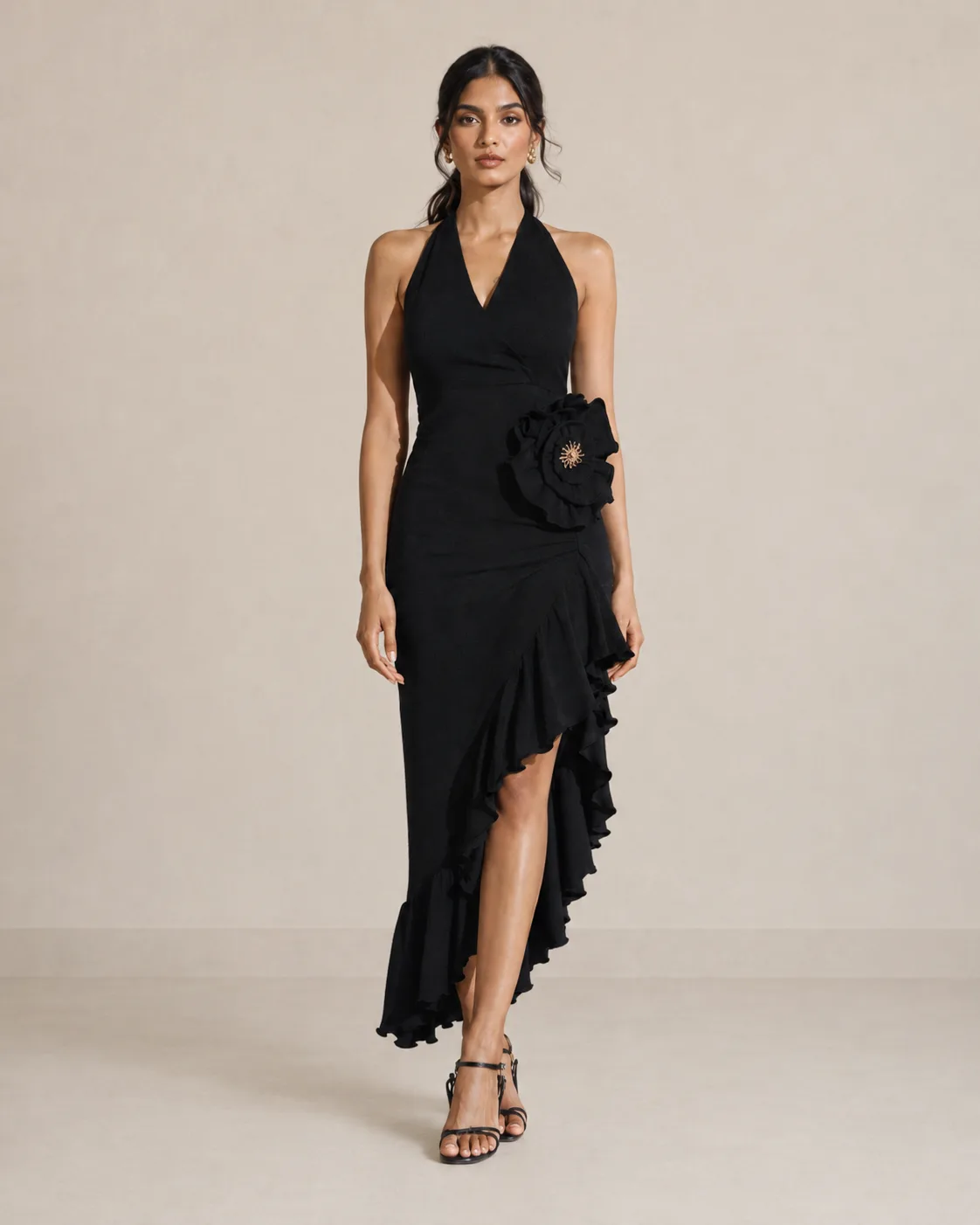 Cascade Sculpted Halter Ruffle Dress