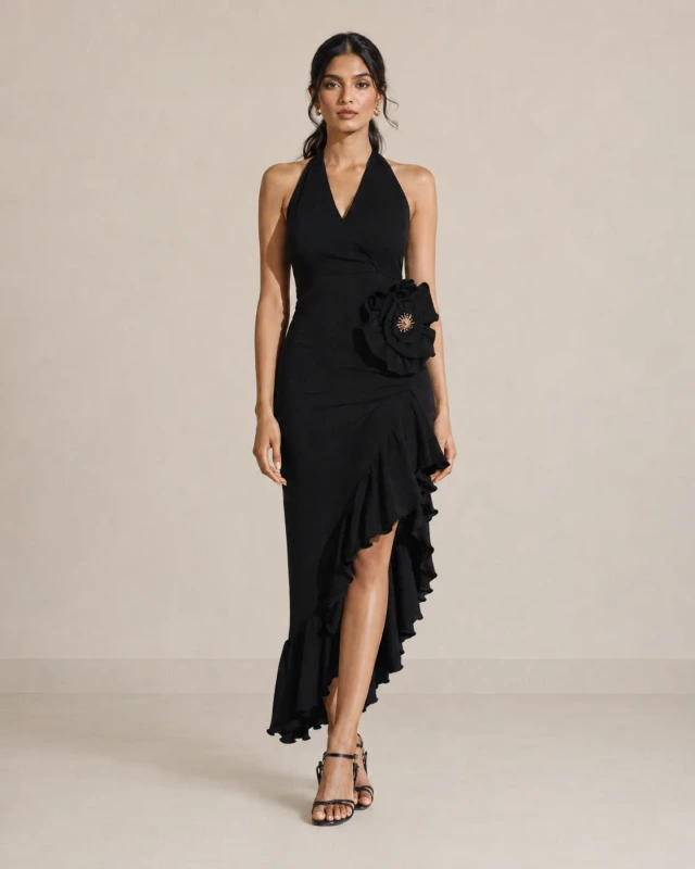 Cascade Sculpted Halter Ruffle Dress