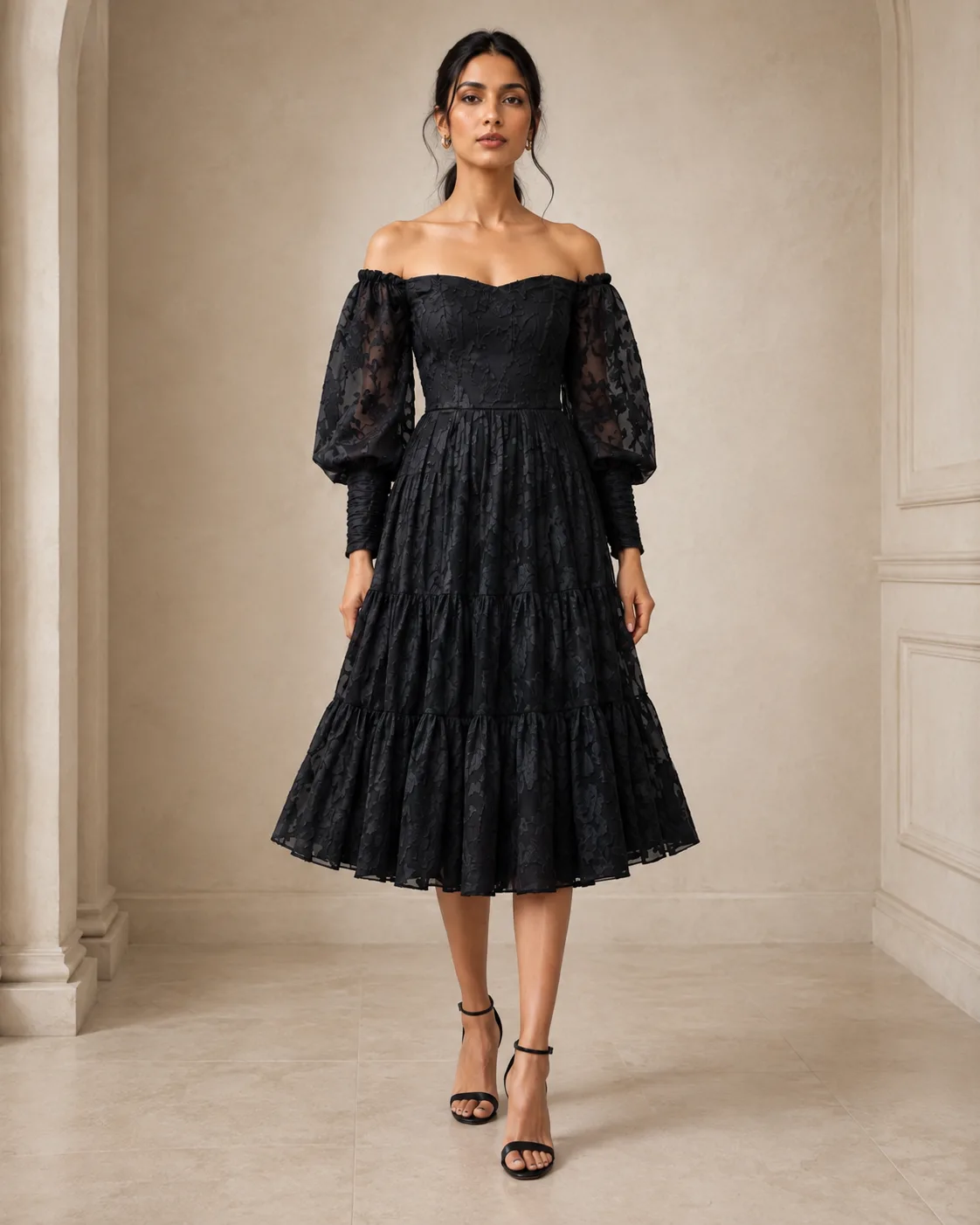 Iris Black Braso Off-Shoulder Midi Dress