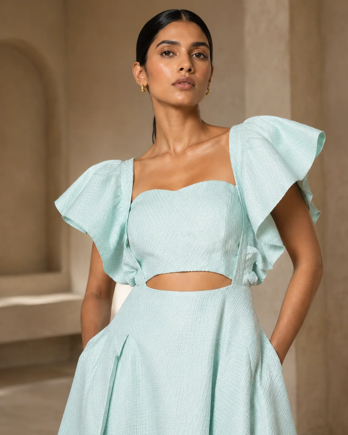 Aria Sculpted Ruffle Brocade Dress — view 8