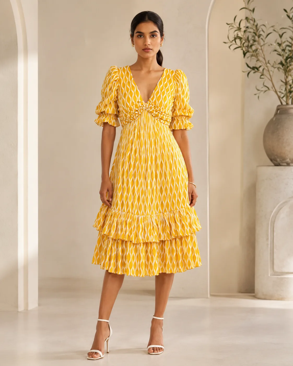 Marigold Tier Mustard Printed Cotton Tiered Midi Dress