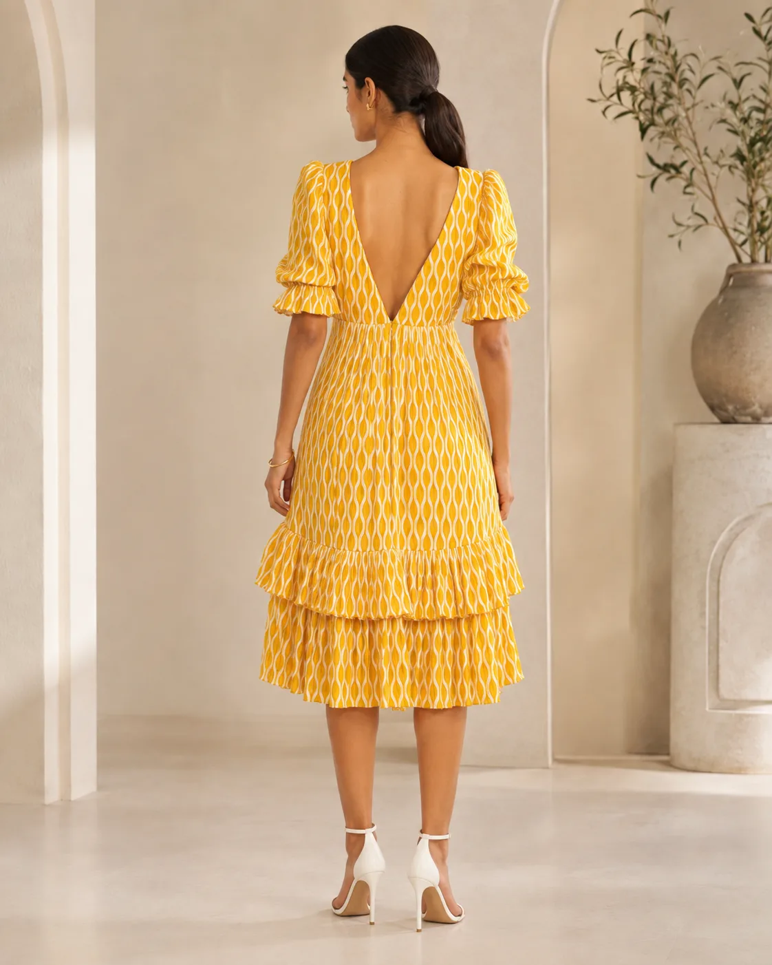 Marigold Tier Mustard Printed Cotton Tiered Midi Dress — view 8