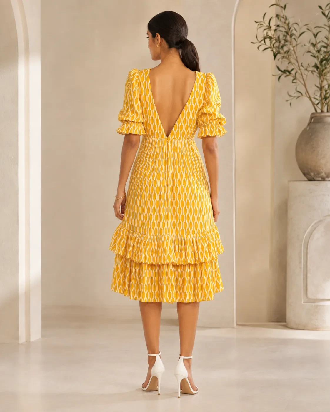 Marigold Tier Mustard Printed Cotton Tiered Midi Dress — view 8