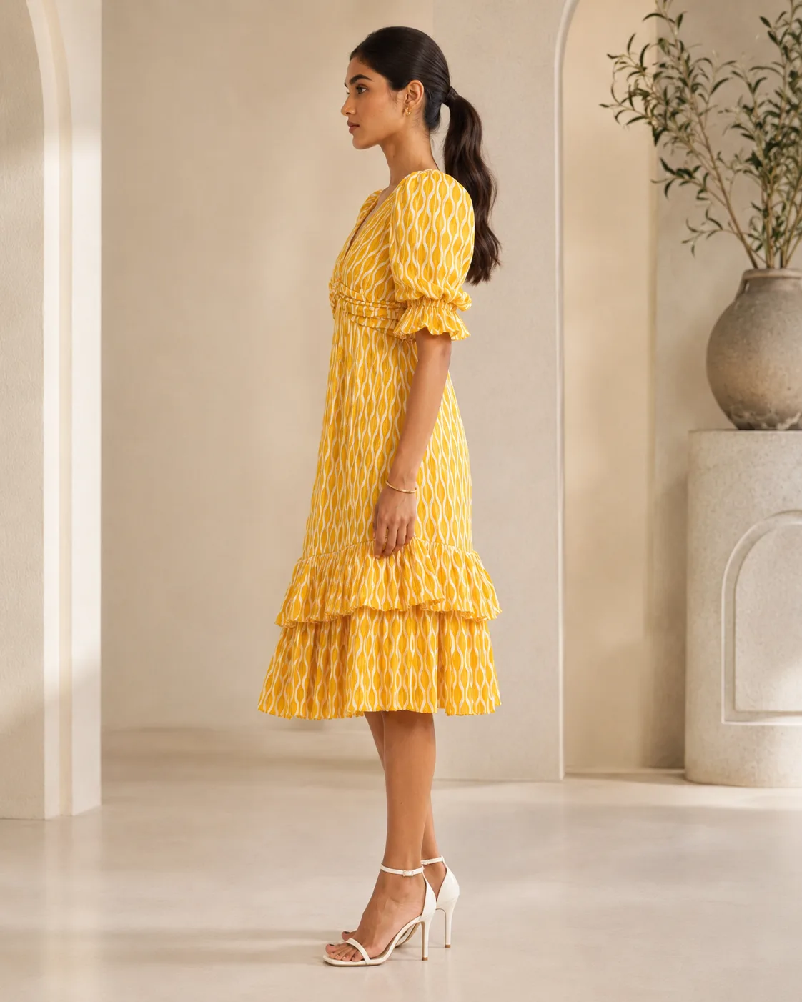 Marigold Tier Mustard Printed Cotton Tiered Midi Dress — view 7