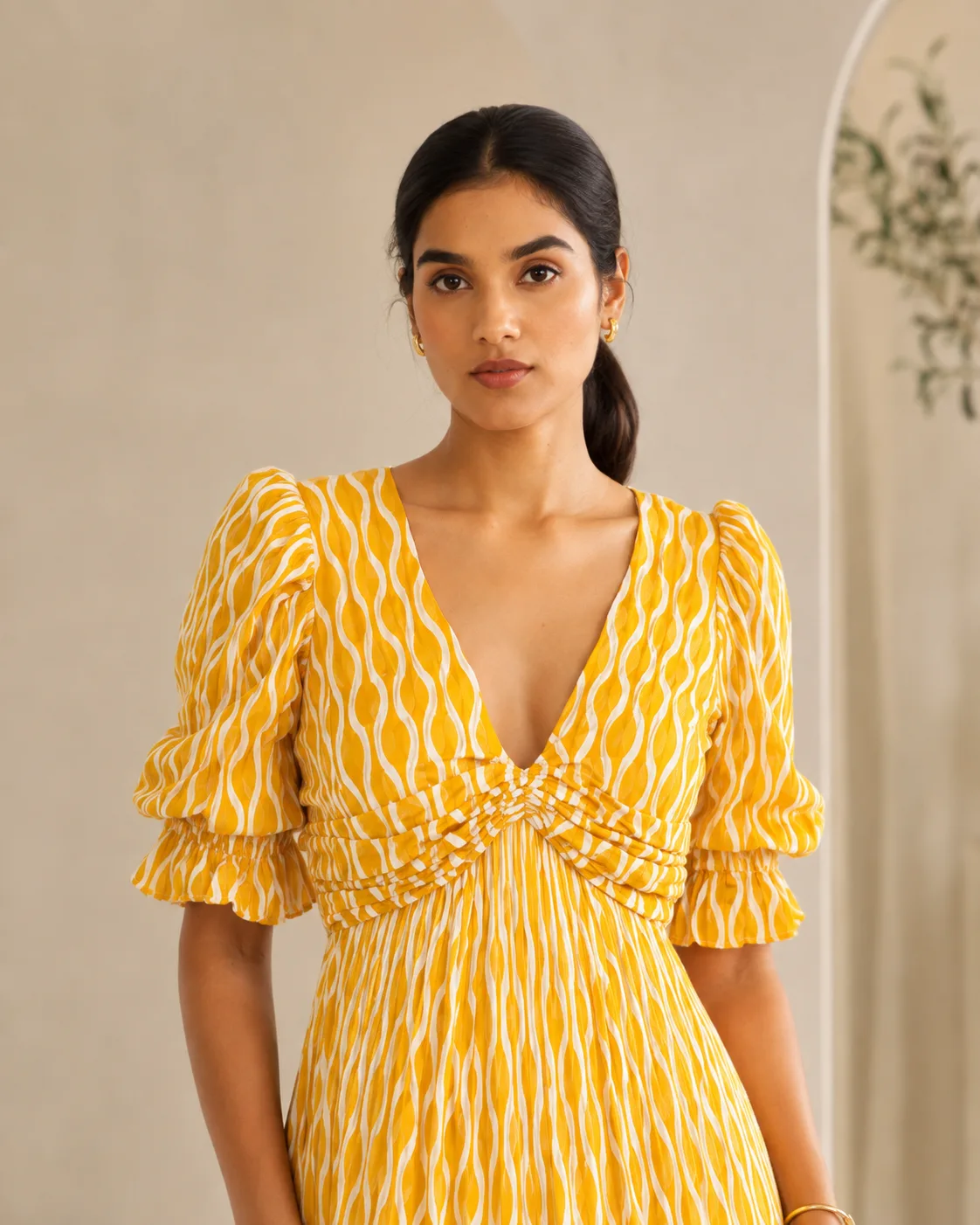 Marigold Tier Mustard Printed Cotton Tiered Midi Dress — view 4