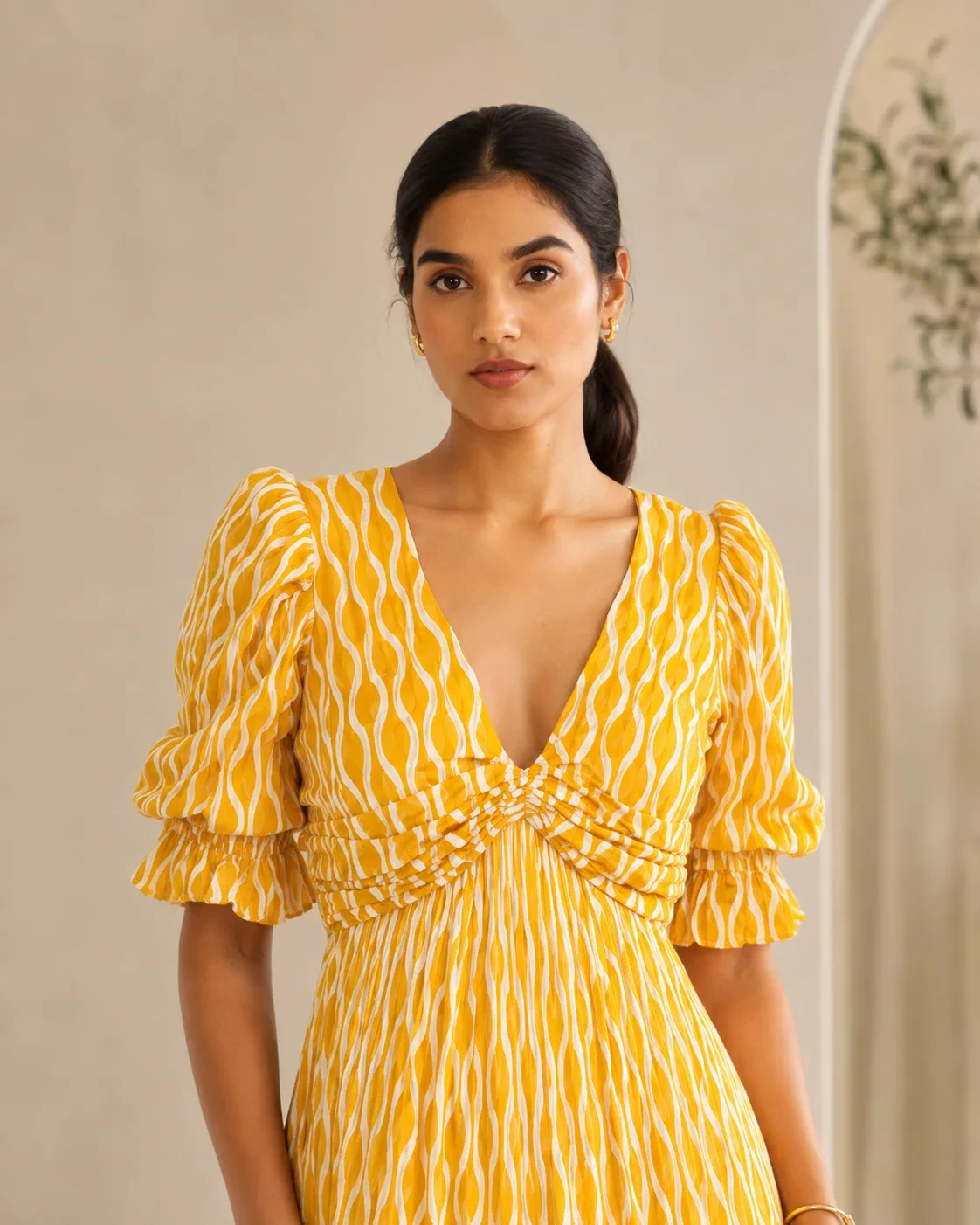 Marigold Tier Mustard Printed Cotton Tiered Midi Dress — view 4