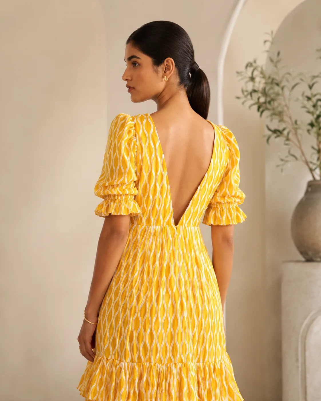 Marigold Tier Mustard Printed Cotton Tiered Midi Dress — view 6