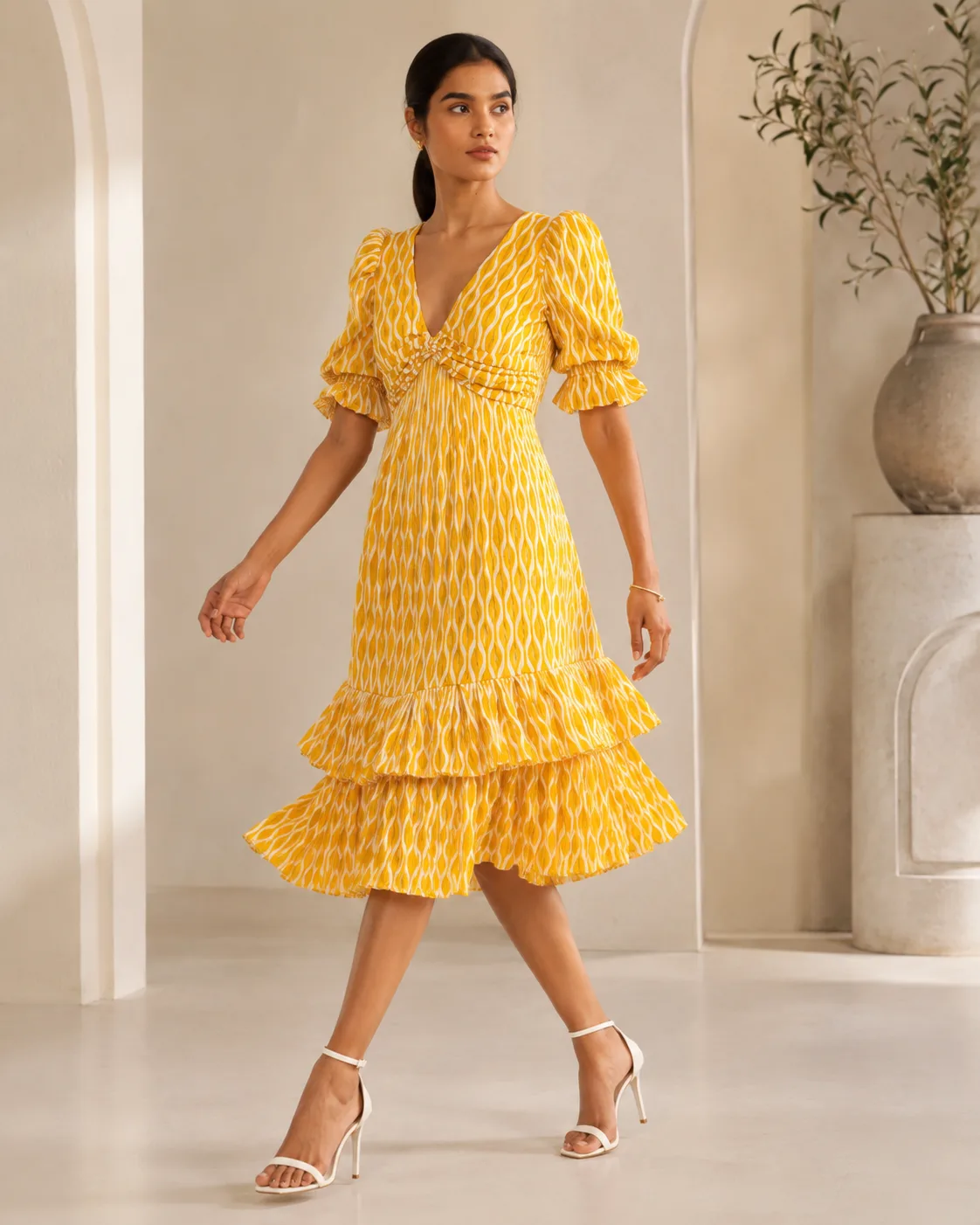 Marigold Tier Mustard Printed Cotton Tiered Midi Dress — view 3