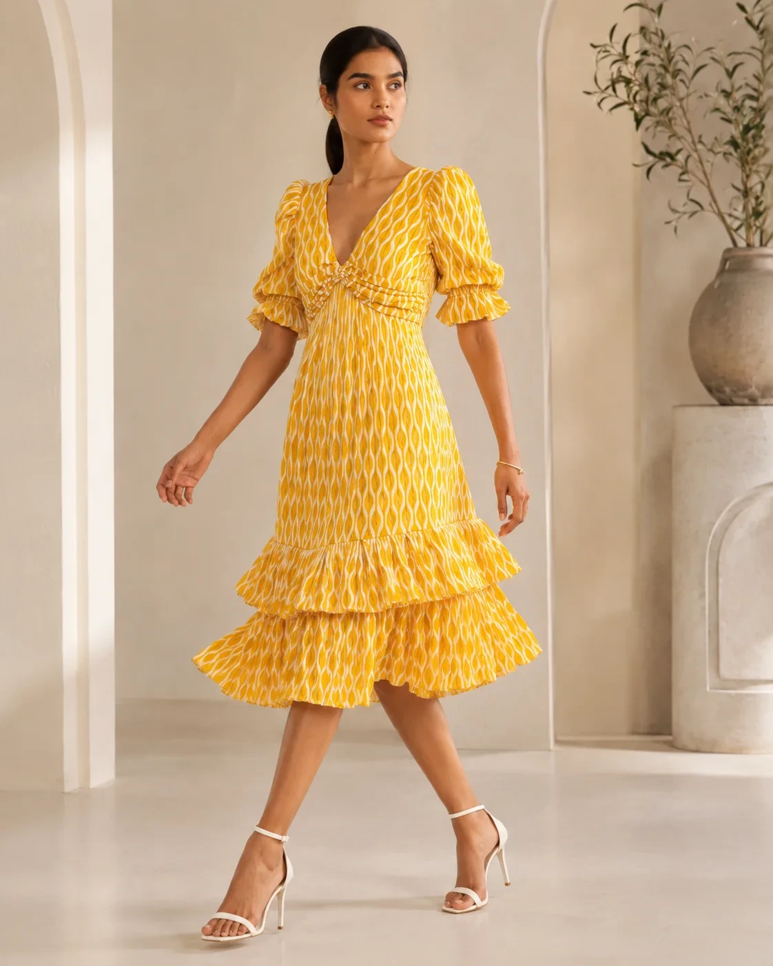 Marigold Tier Mustard Printed Cotton Tiered Midi Dress — view 3