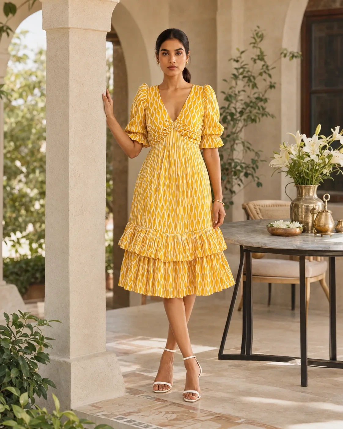 Marigold Tier Mustard Printed Cotton Tiered Midi Dress — view 2