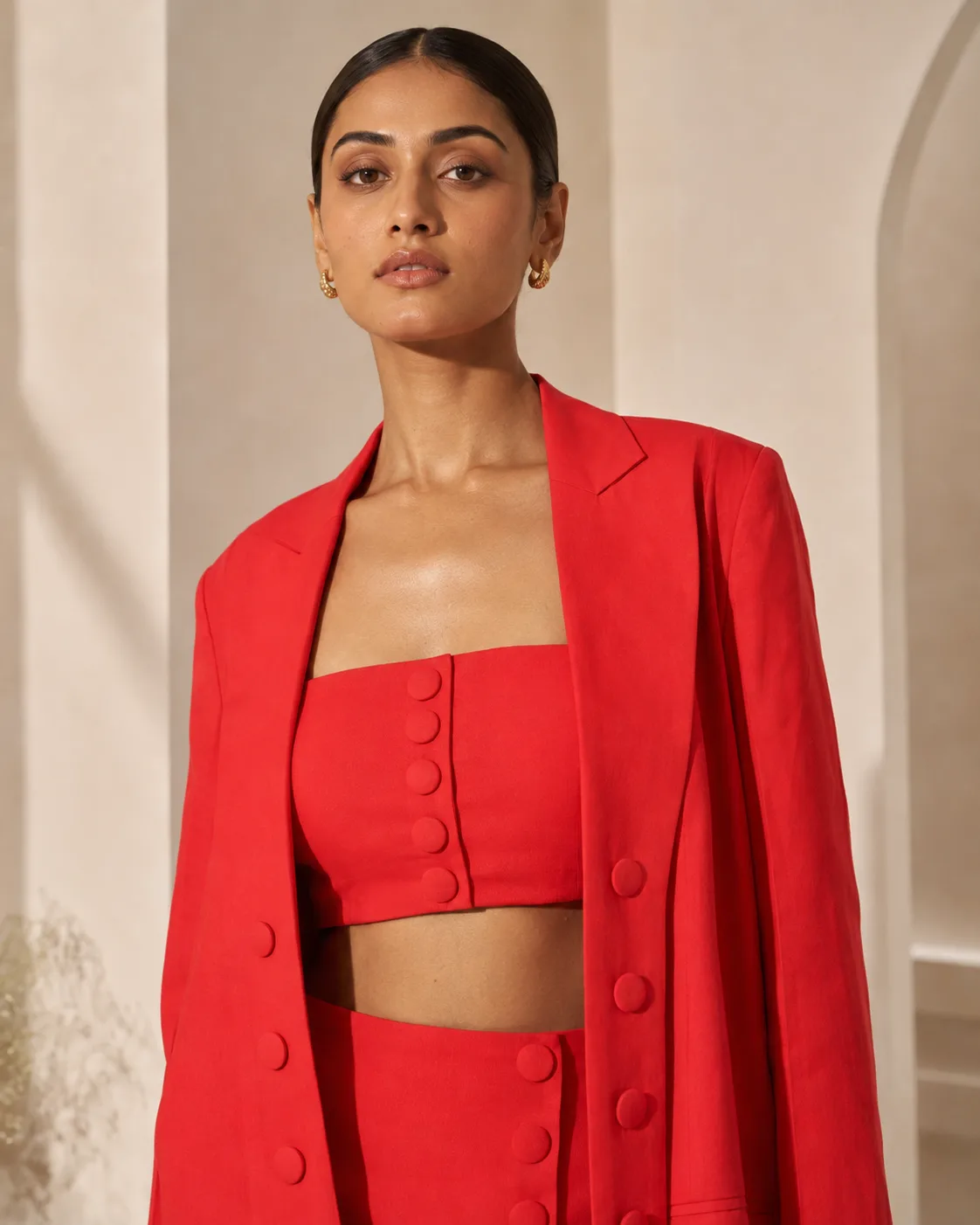 Buttoned Trio Red Tailored Three-Piece Set — view 6