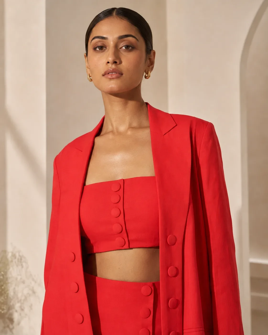 Buttoned Trio Red Tailored Three-Piece Set — view 6