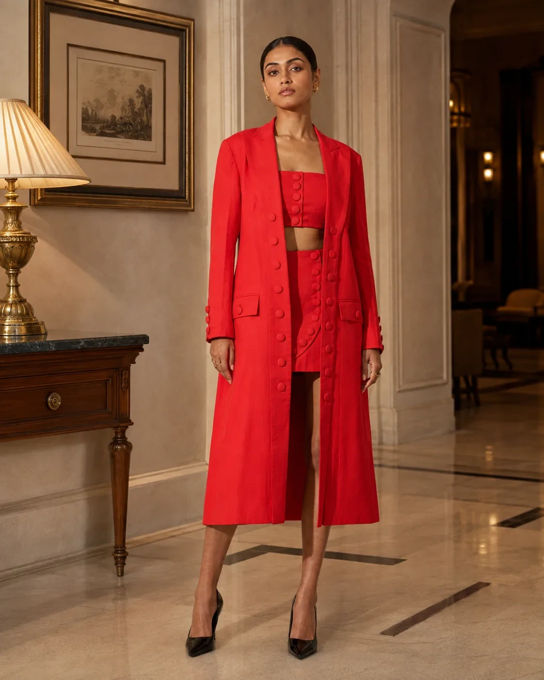 Buttoned Trio Red Tailored Three-Piece Set — view 2