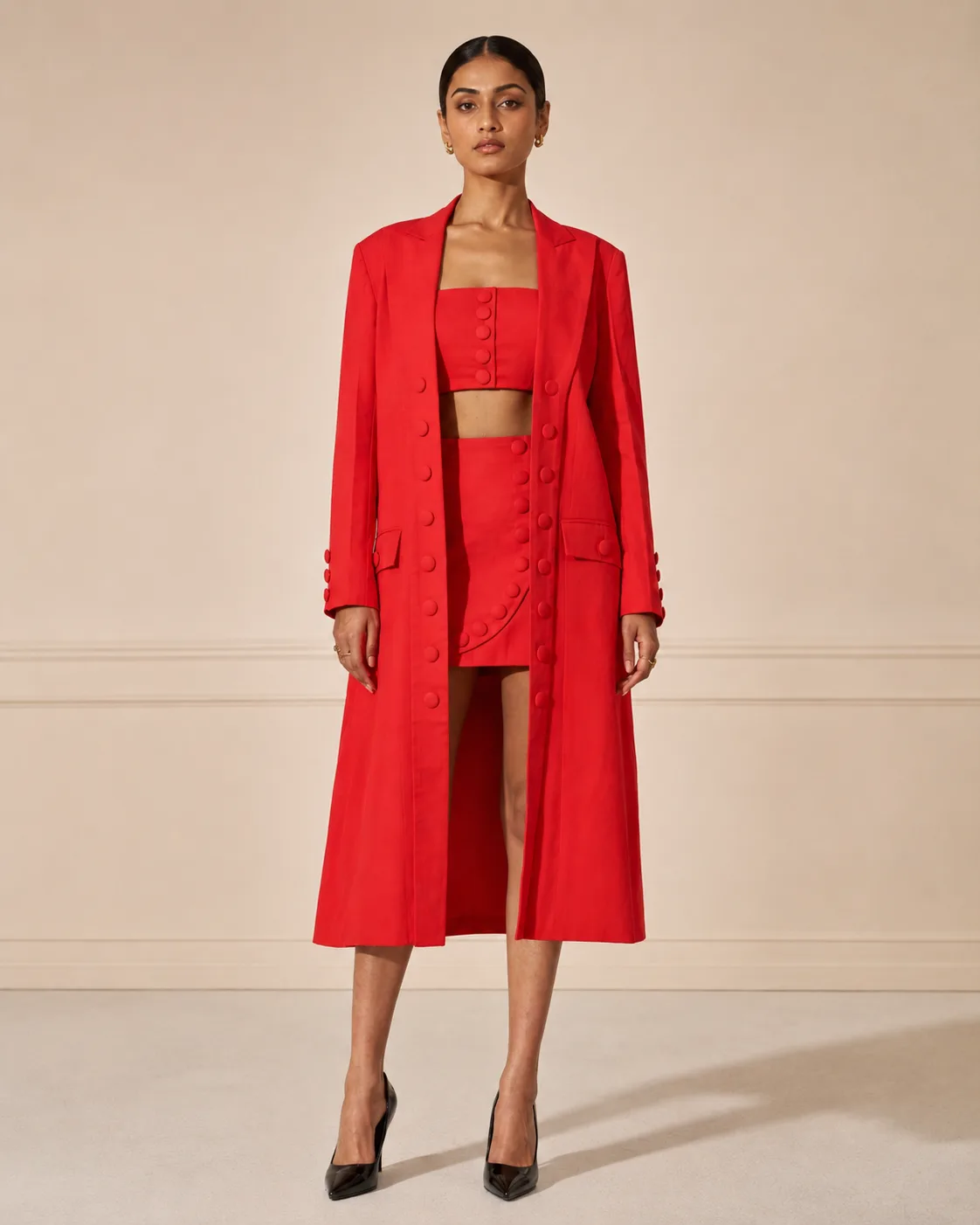 Buttoned Trio Red Tailored Three-Piece Set