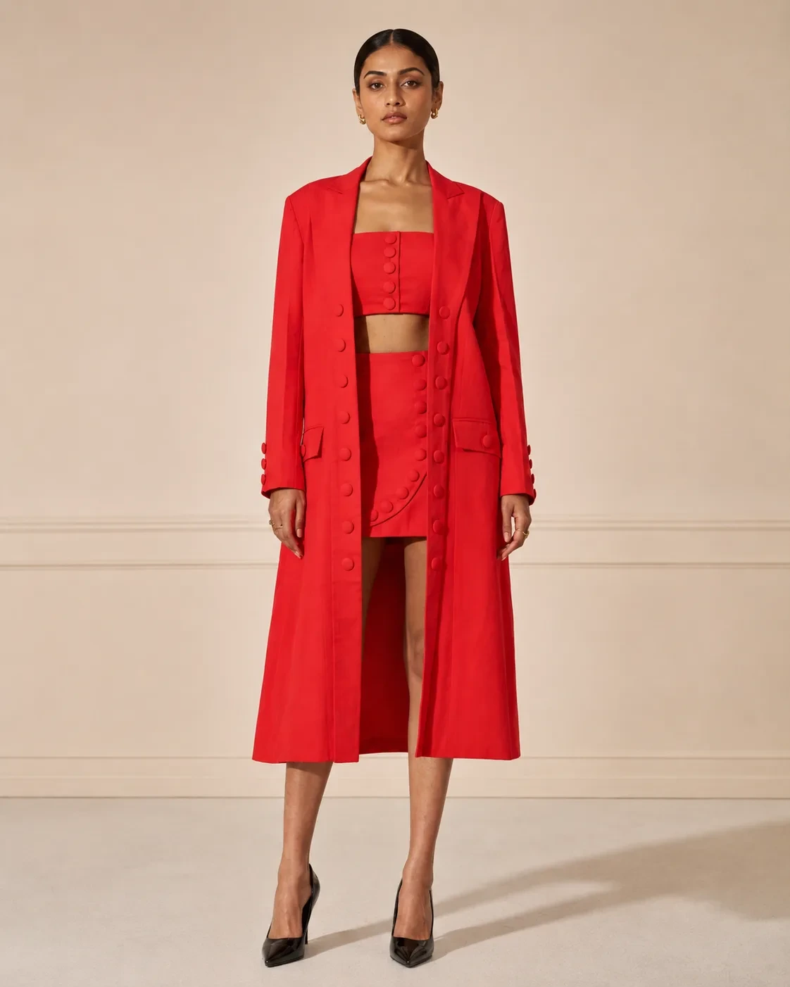 Buttoned Trio Red Tailored Three-Piece Set — view 1