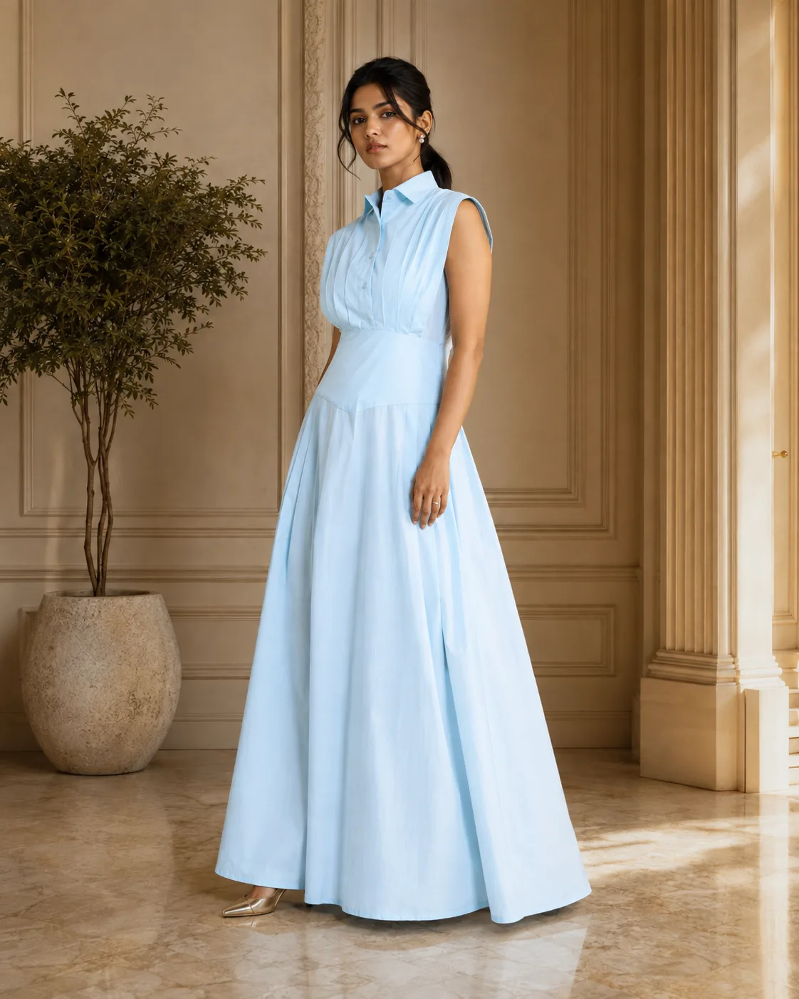 Molly Light Blue Pintuck Cotton Poplin Maxi Dress — view 8