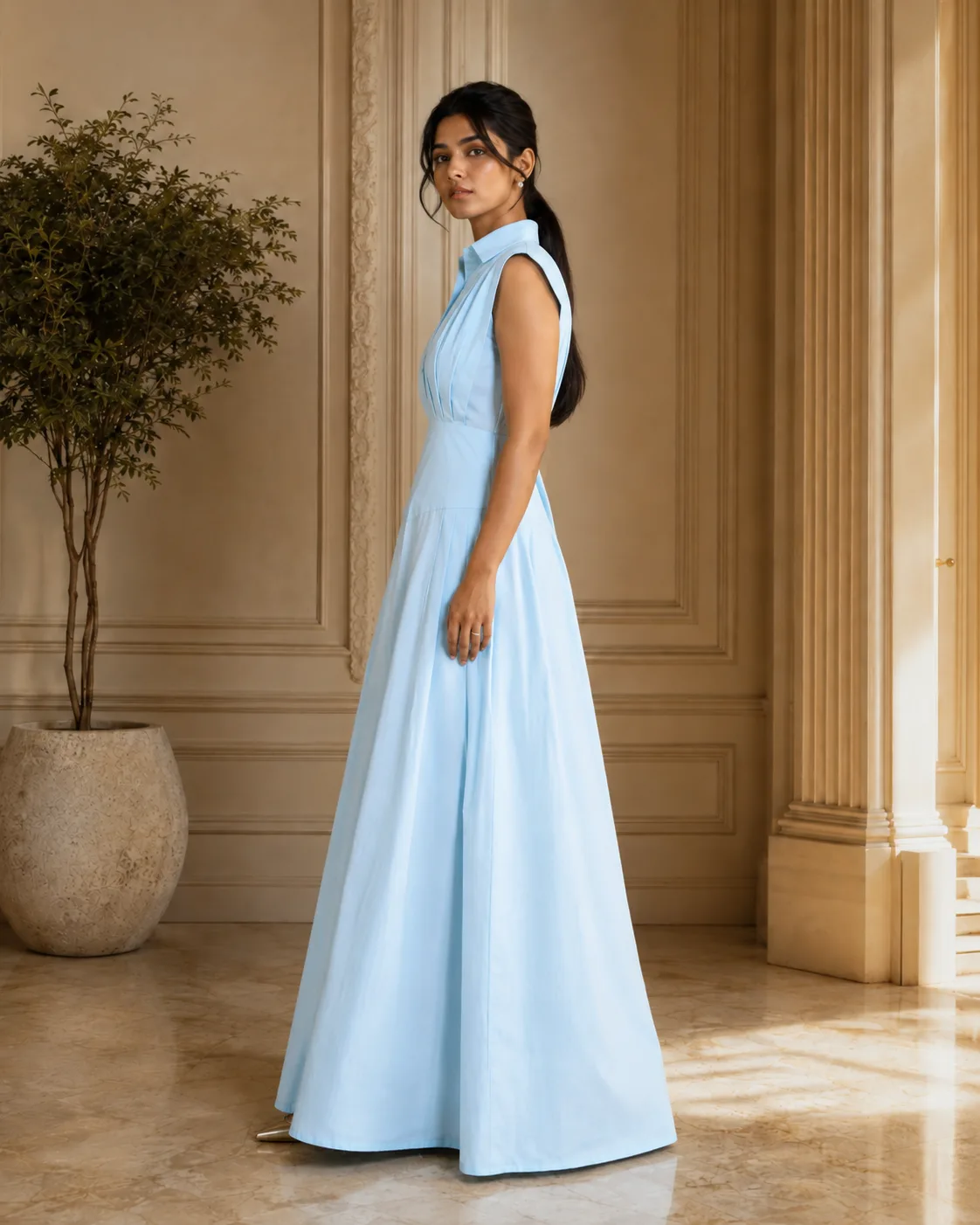 Molly Light Blue Pintuck Cotton Poplin Maxi Dress — view 6
