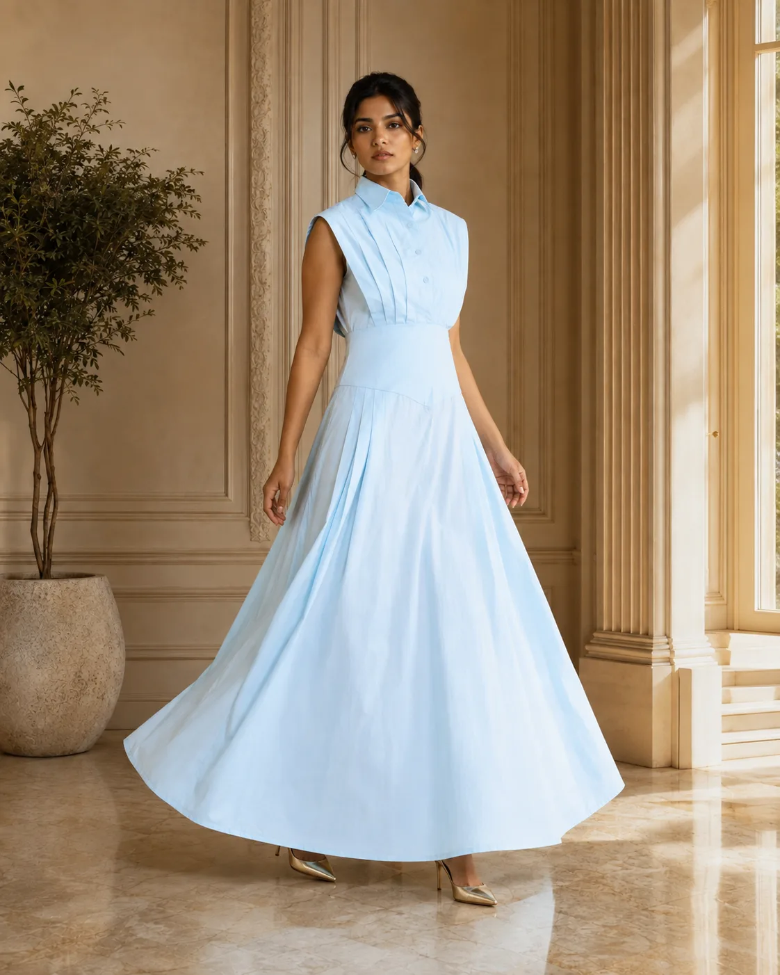Molly Light Blue Pintuck Cotton Poplin Maxi Dress — view 3