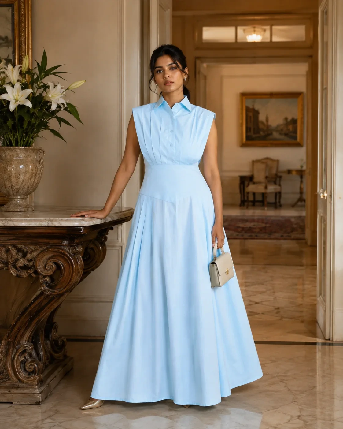 Molly Light Blue Pintuck Cotton Poplin Maxi Dress — view 2