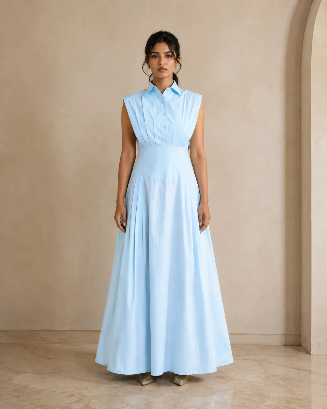 Molly Light Blue Pintuck Cotton Poplin Maxi Dress