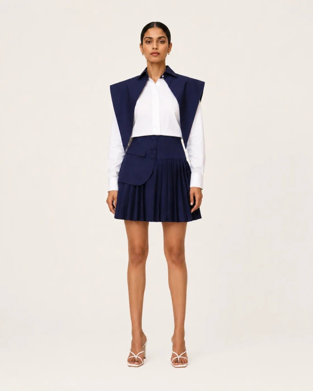 Nina Sculpted Navy Pleated Co-ord Set
