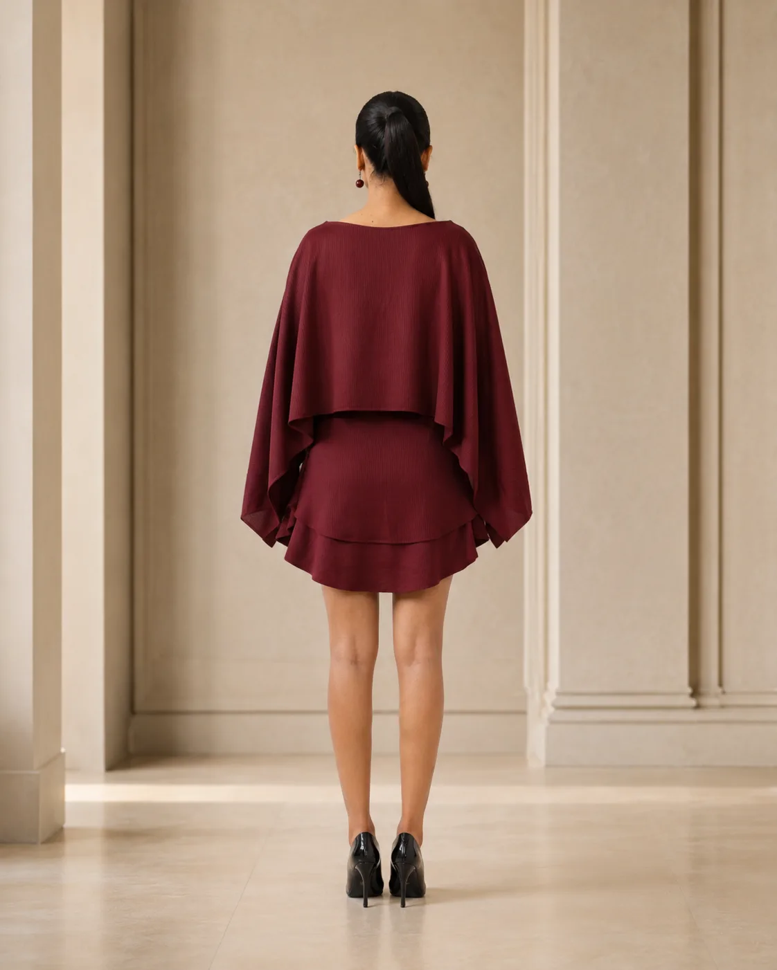Layered Mini Burgundy Sculpted Cape Dress — view 7