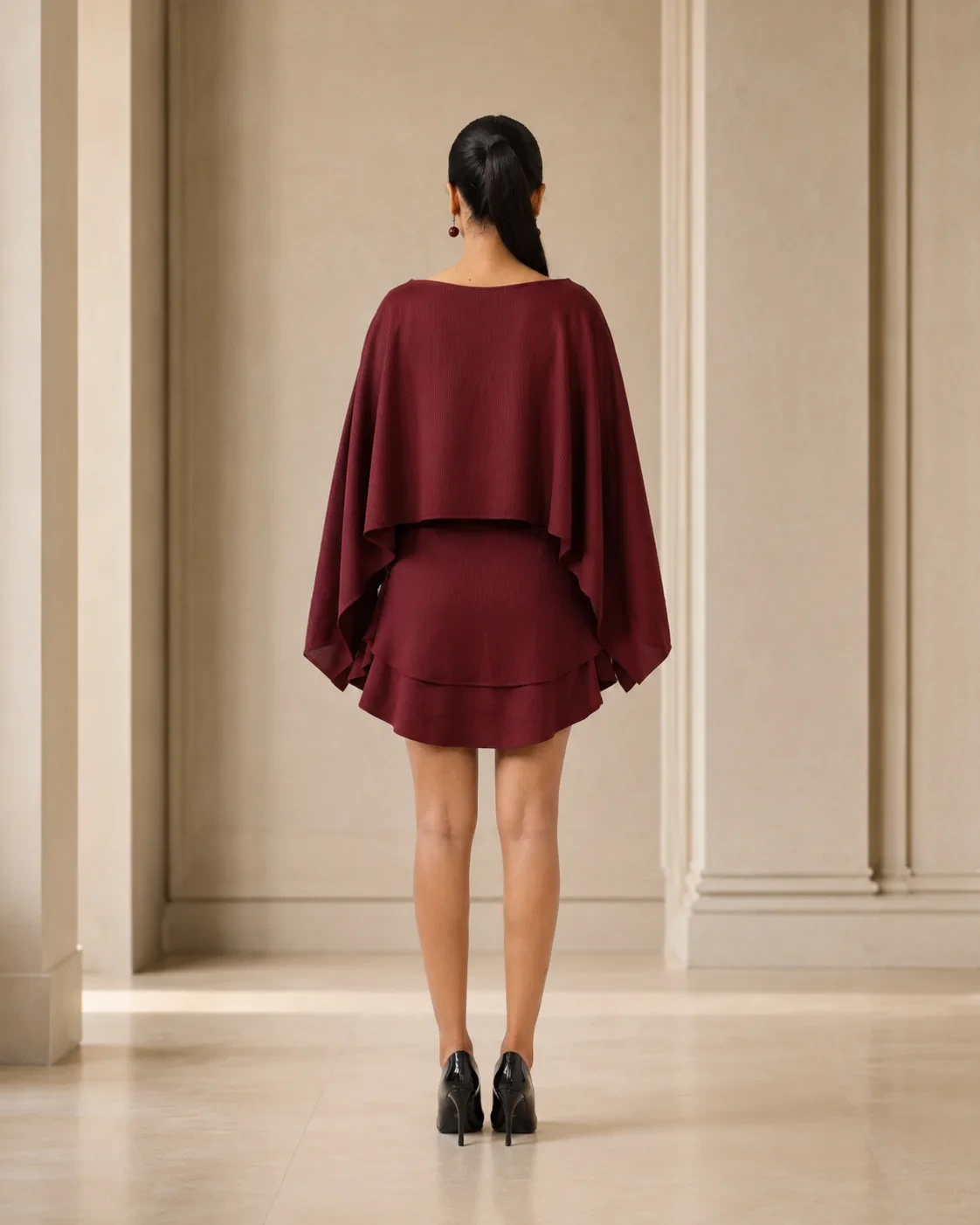 Layered Mini Burgundy Sculpted Cape Dress — view 7