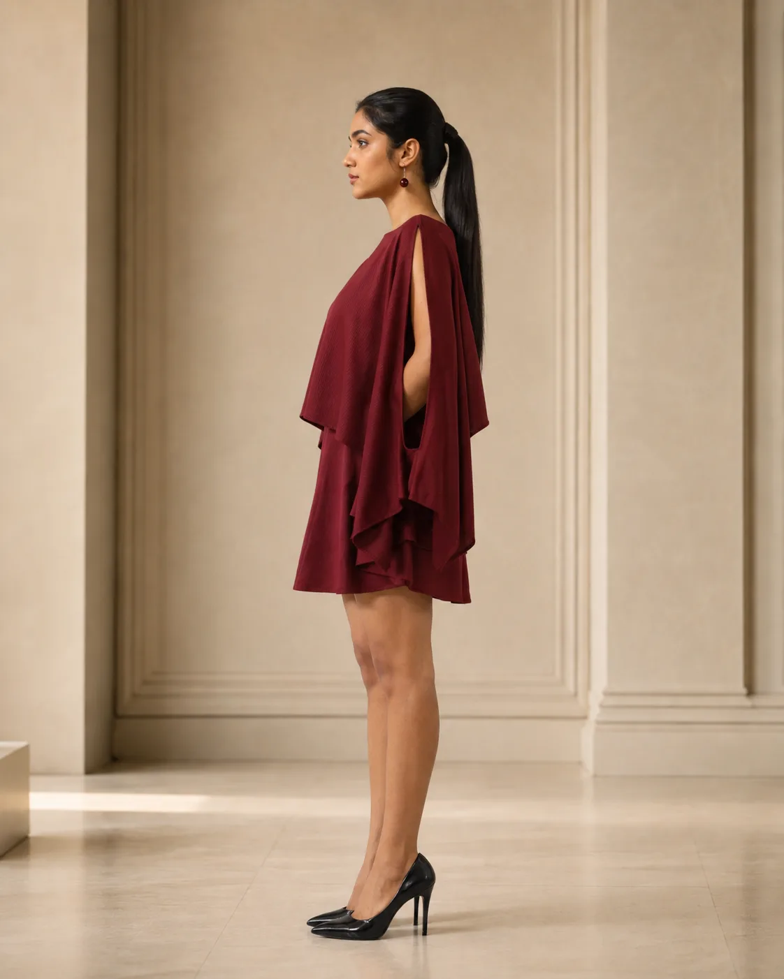 Layered Mini Burgundy Sculpted Cape Dress — view 6