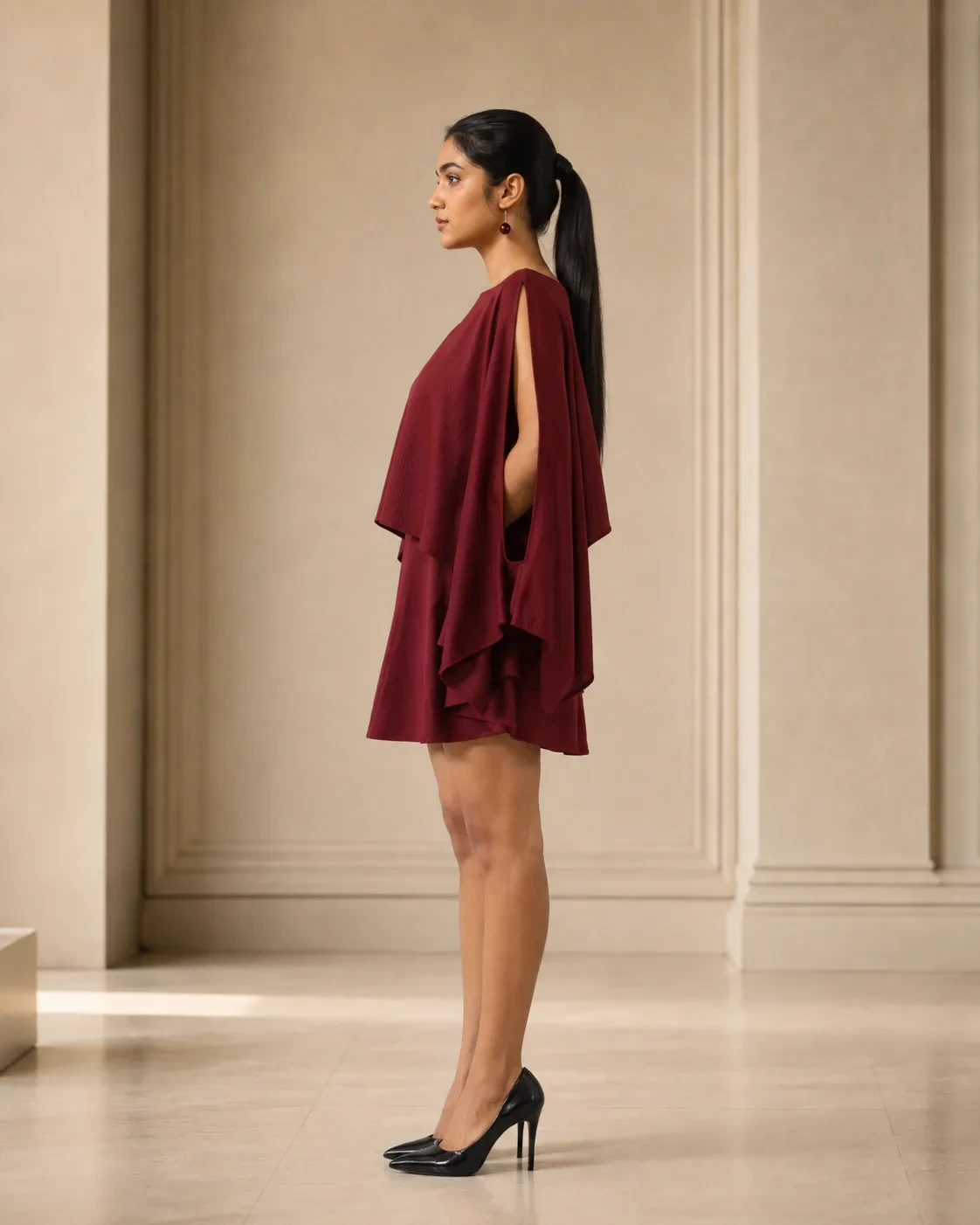 Layered Mini Burgundy Sculpted Cape Dress — view 6