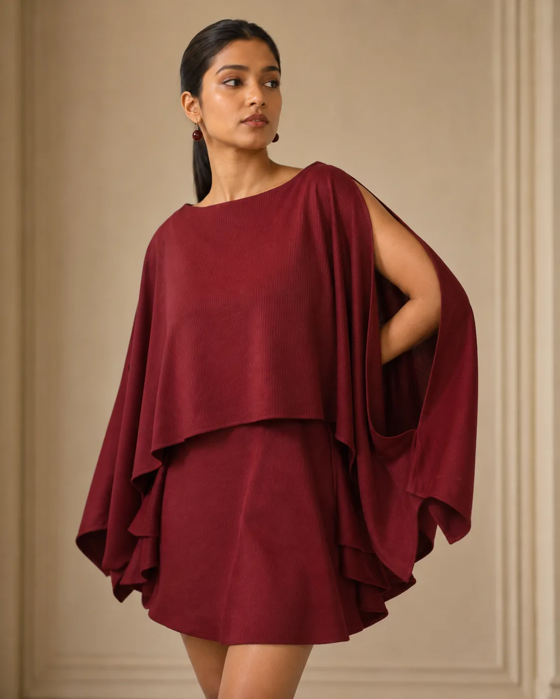 Layered Mini Burgundy Sculpted Cape Dress — view 4