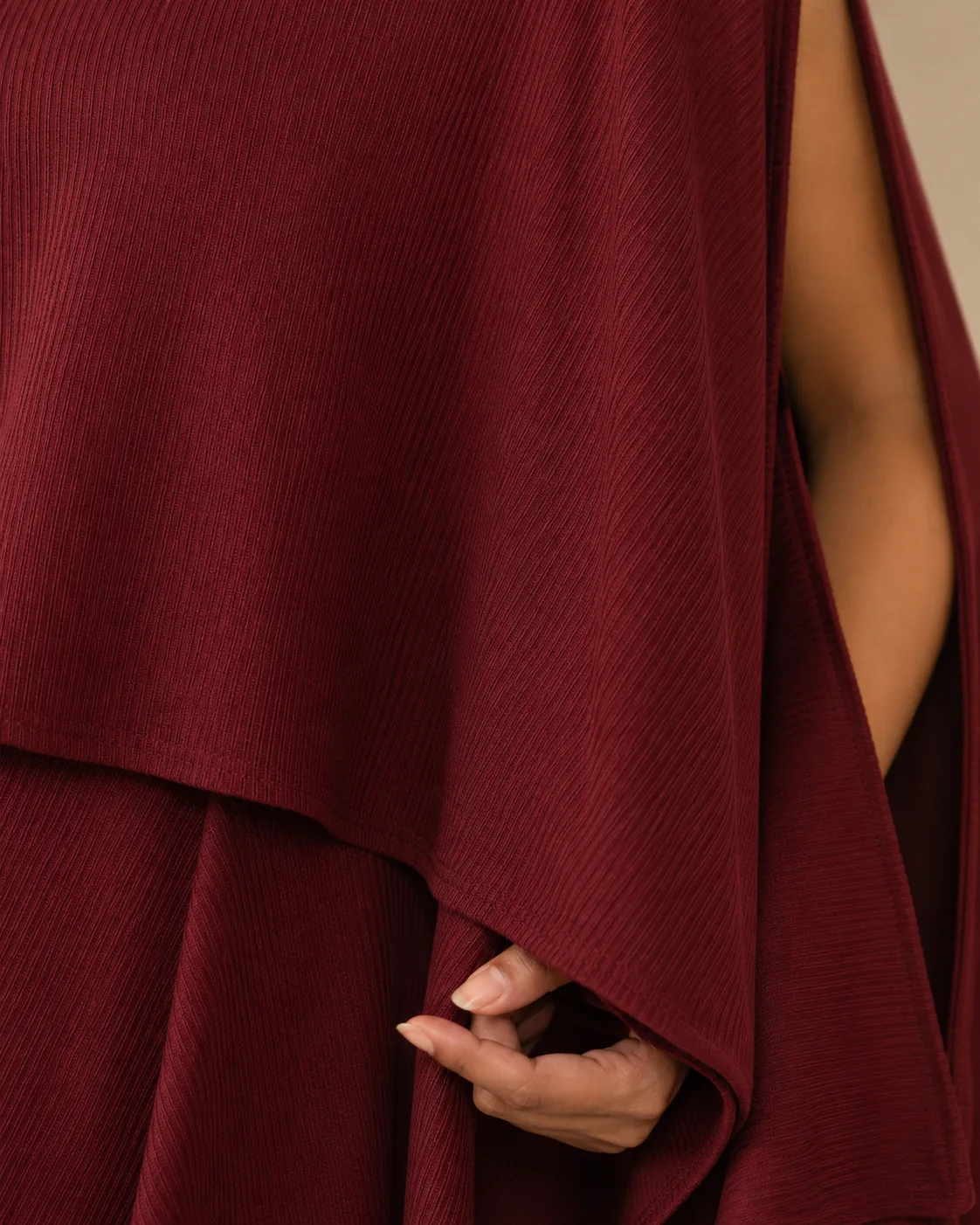 Layered Mini Burgundy Sculpted Cape Dress — view 5