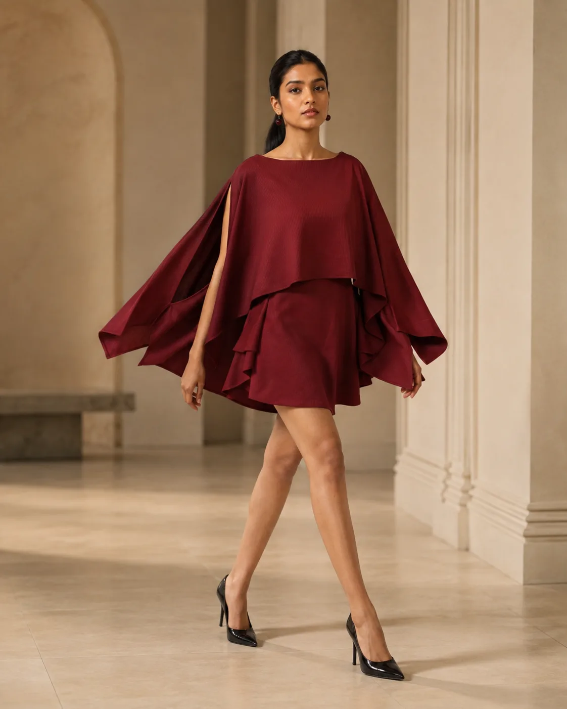 Layered Mini Burgundy Sculpted Cape Dress — view 3