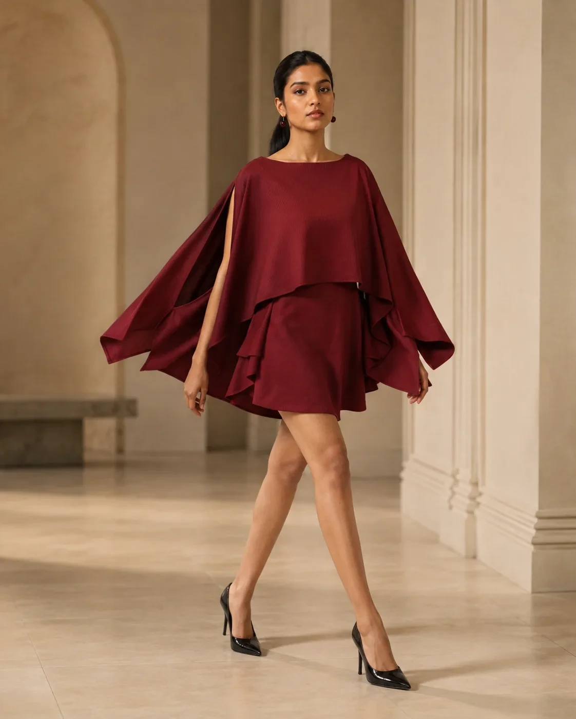 Layered Mini Burgundy Sculpted Cape Dress — view 3