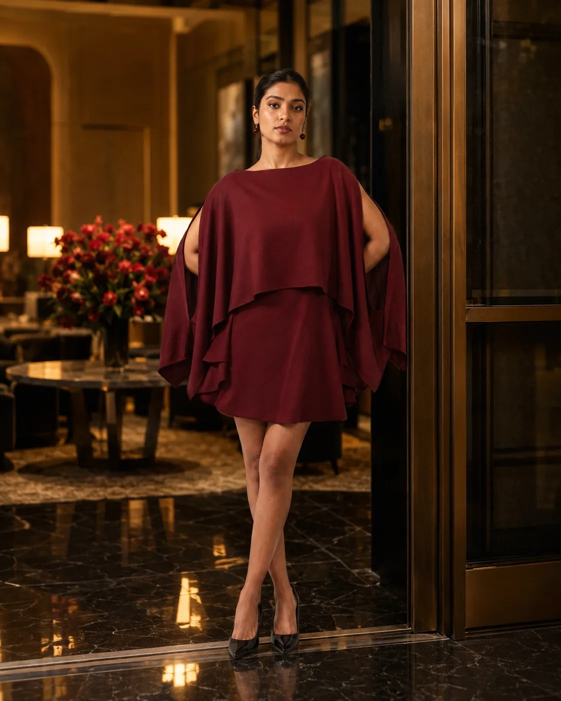 Layered Mini Burgundy Sculpted Cape Dress — view 2
