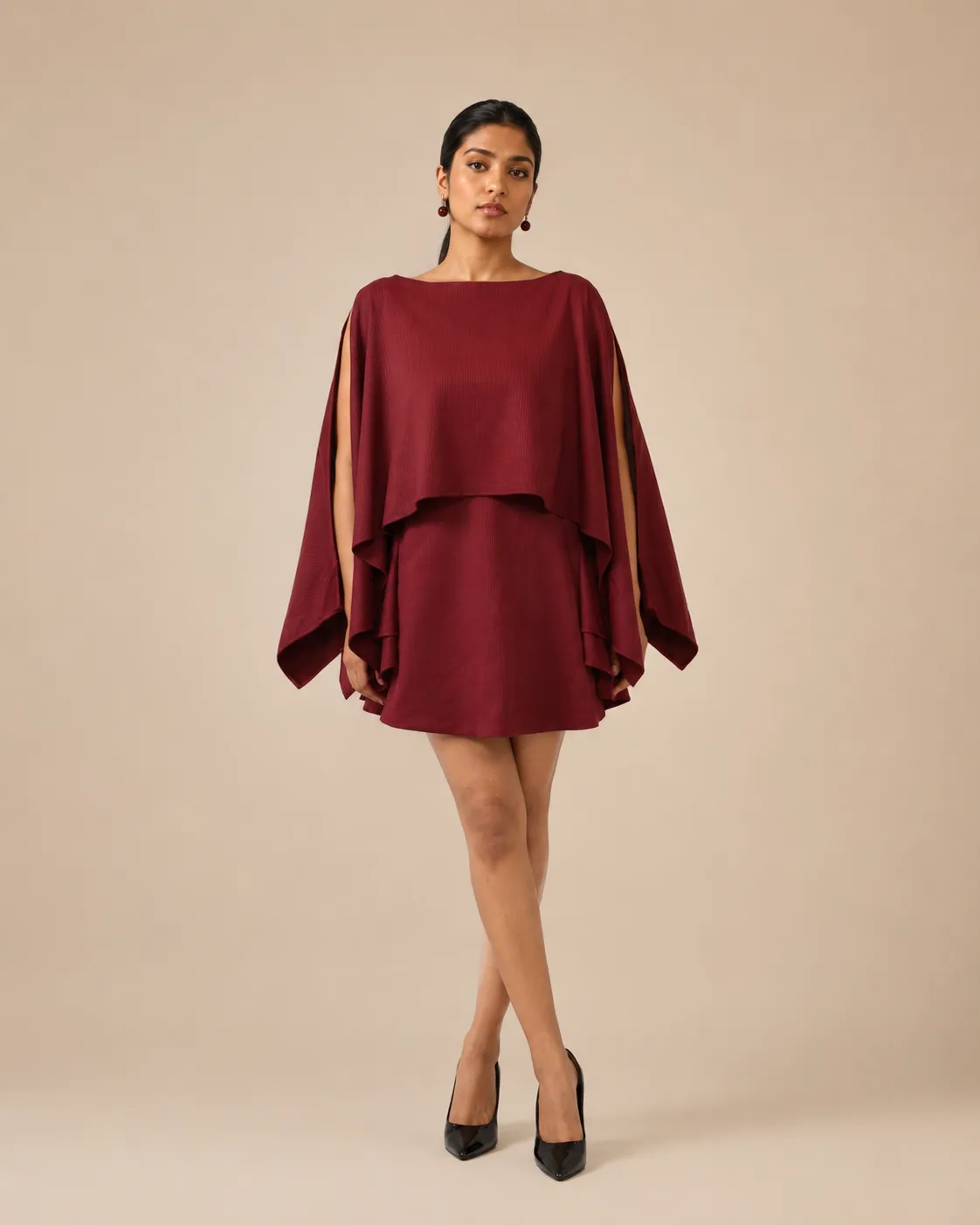 Layered Mini Burgundy Sculpted Cape Dress