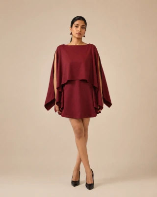 Layered Mini Burgundy Sculpted Cape Dress