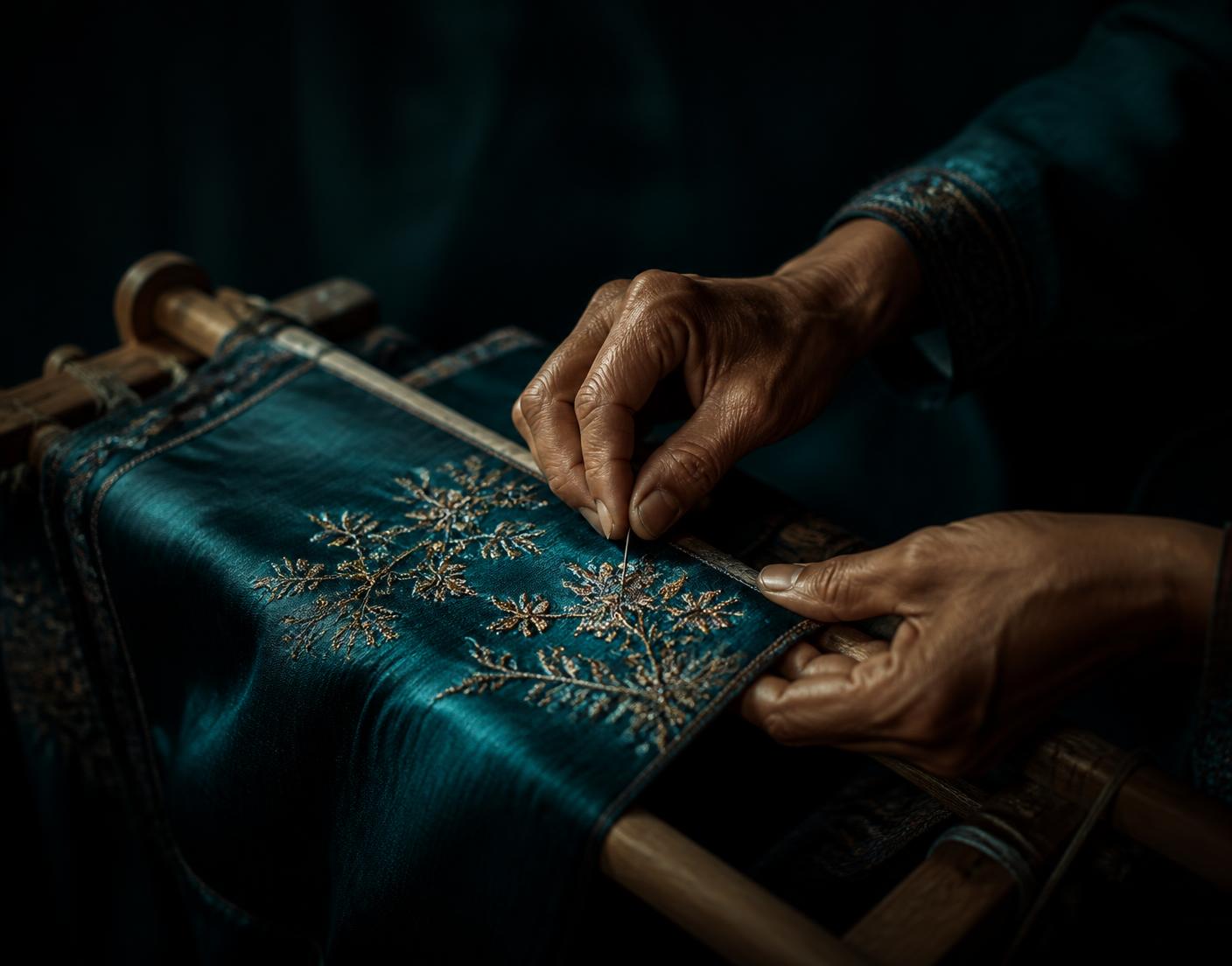 Karigar hand-embroidering teal silk